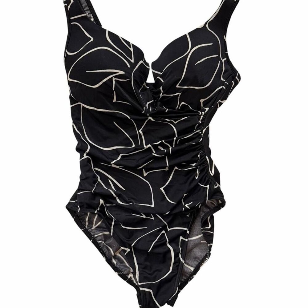 Miraclesuit black one piece swimsuit with white leaf-like outlines